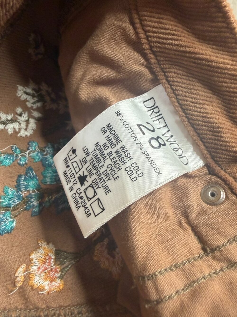 Driftwood x Free People Farrah Floral Embroidered Corduroy Flare Pants 28 - Picture 6 of 8